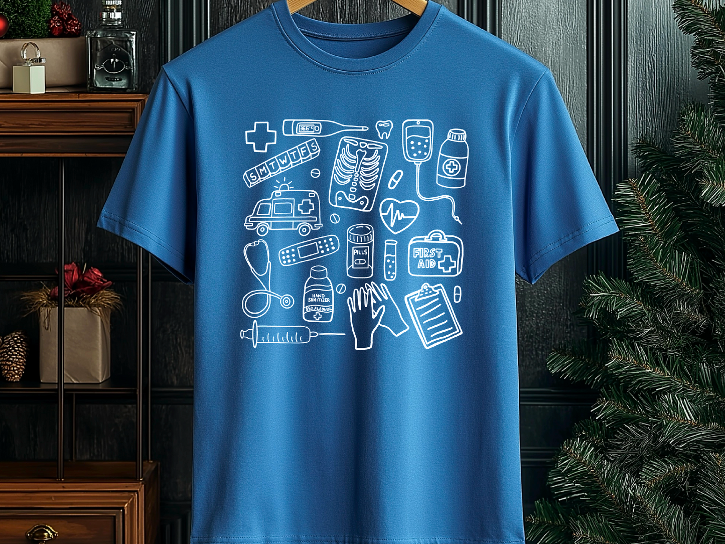 Farbenfrohes T-Shirt mit medizinischem Doodle-Print – stylische und lustige Kleidung zum Thema Gesundheit