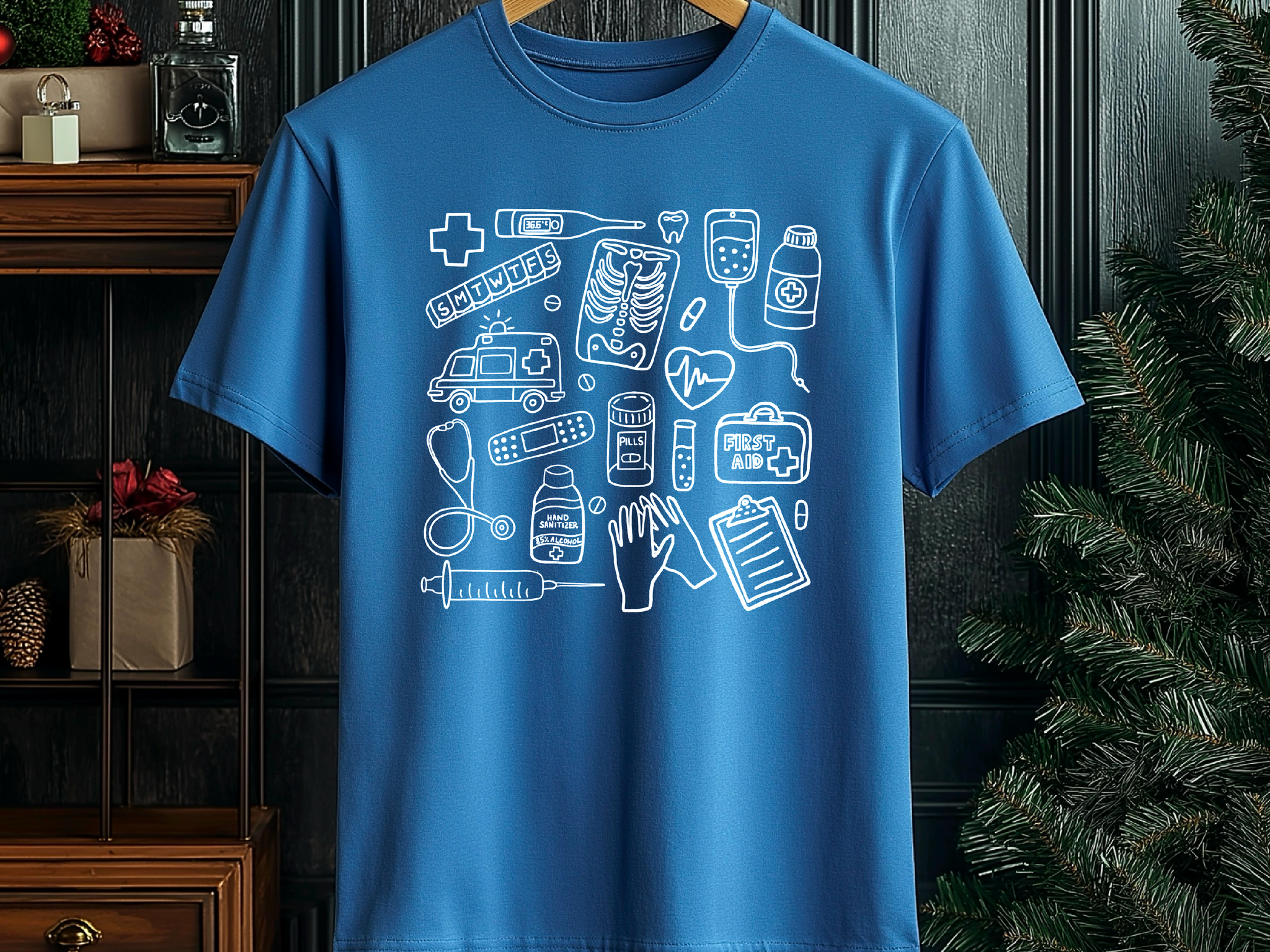 Farbenfrohes T-Shirt mit medizinischem Doodle-Print – stylische und lustige Kleidung zum Thema Gesundheit