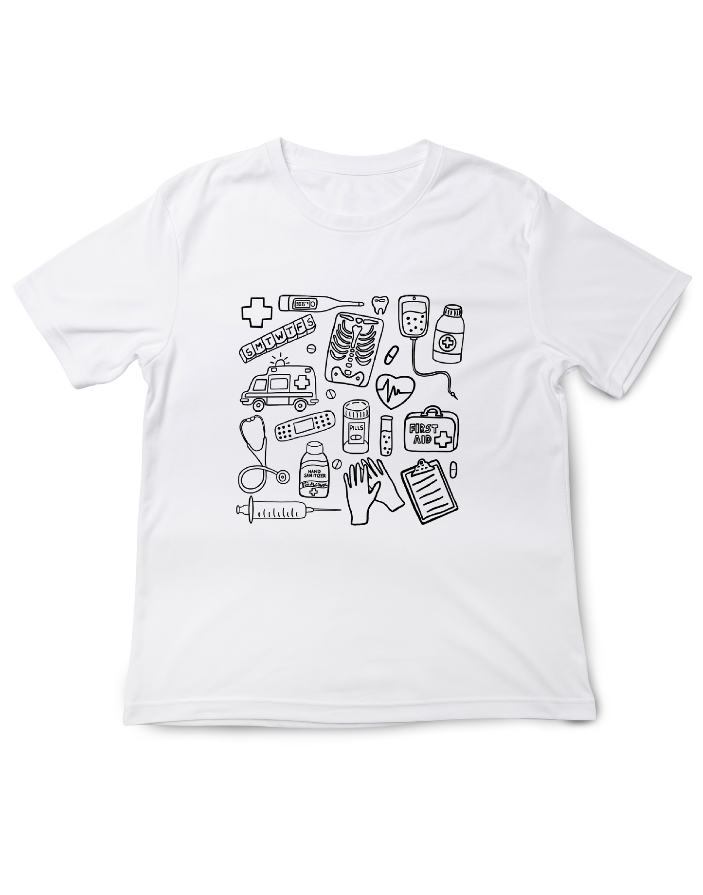 Farbenfrohes T-Shirt mit medizinischem Doodle-Print – stylische und lustige Kleidung zum Thema Gesundheit