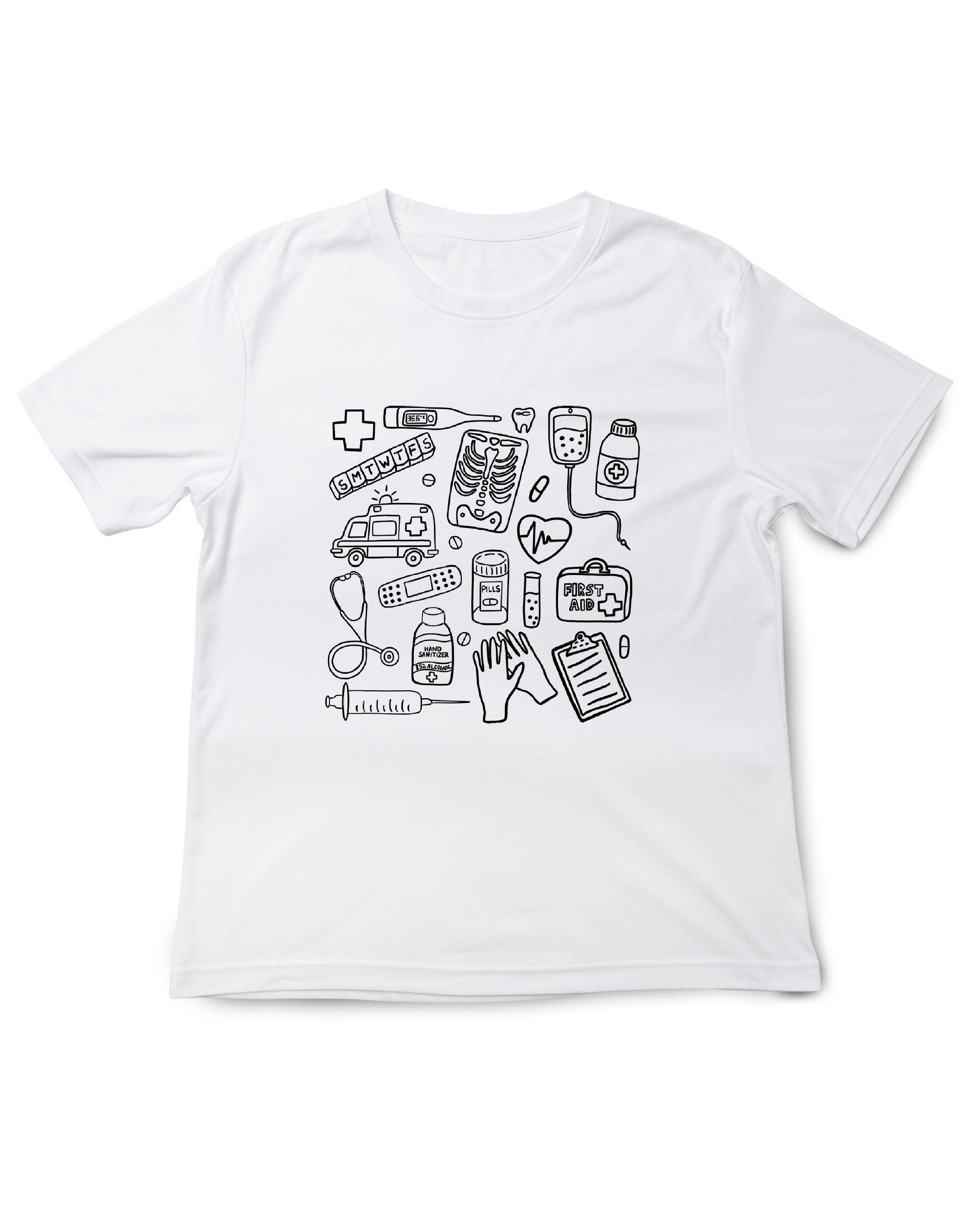 Farbenfrohes T-Shirt mit medizinischem Doodle-Print – stylische und lustige Kleidung zum Thema Gesundheit