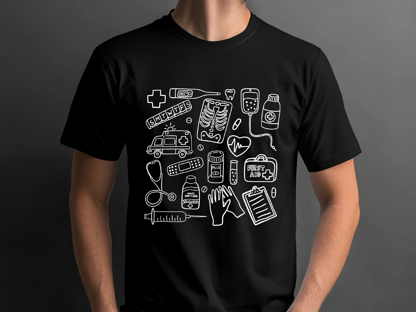 Farbenfrohes T-Shirt mit medizinischem Doodle-Print – stylische und lustige Kleidung zum Thema Gesundheit