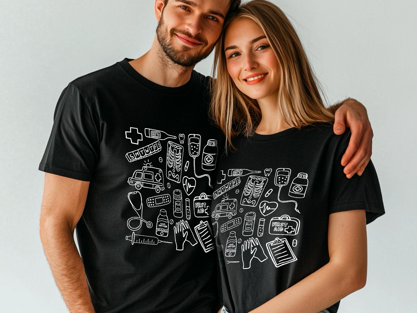 Farbenfrohes T-Shirt mit medizinischem Doodle-Print – stylische und lustige Kleidung zum Thema Gesundheit