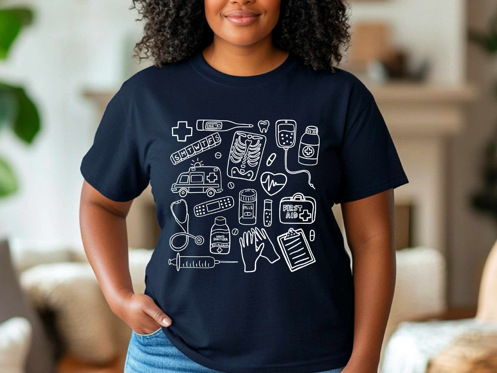 Farbenfrohes T-Shirt mit medizinischem Doodle-Print – stylische und lustige Kleidung zum Thema Gesundheit