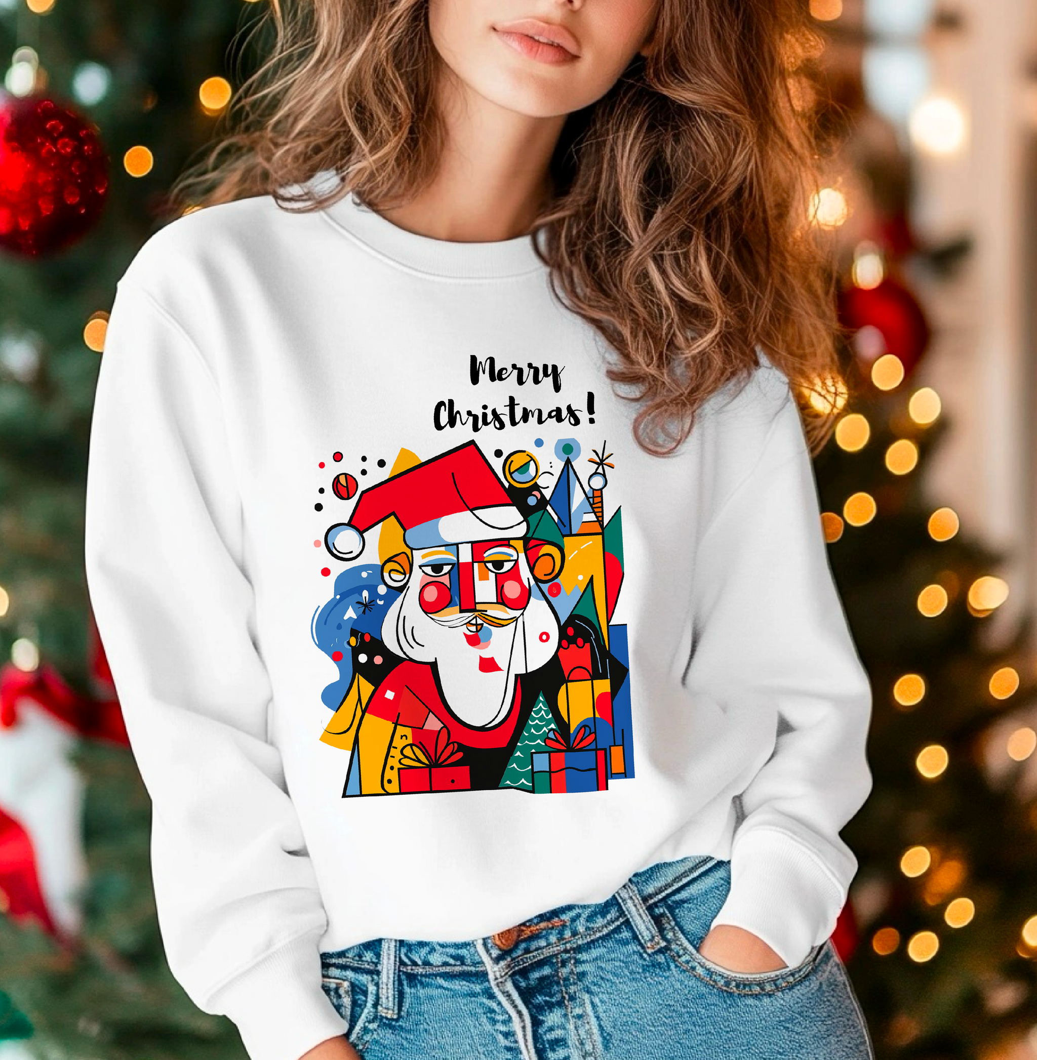 Picasso-Inspired Santa in Pieces Festive White Sweatshirt