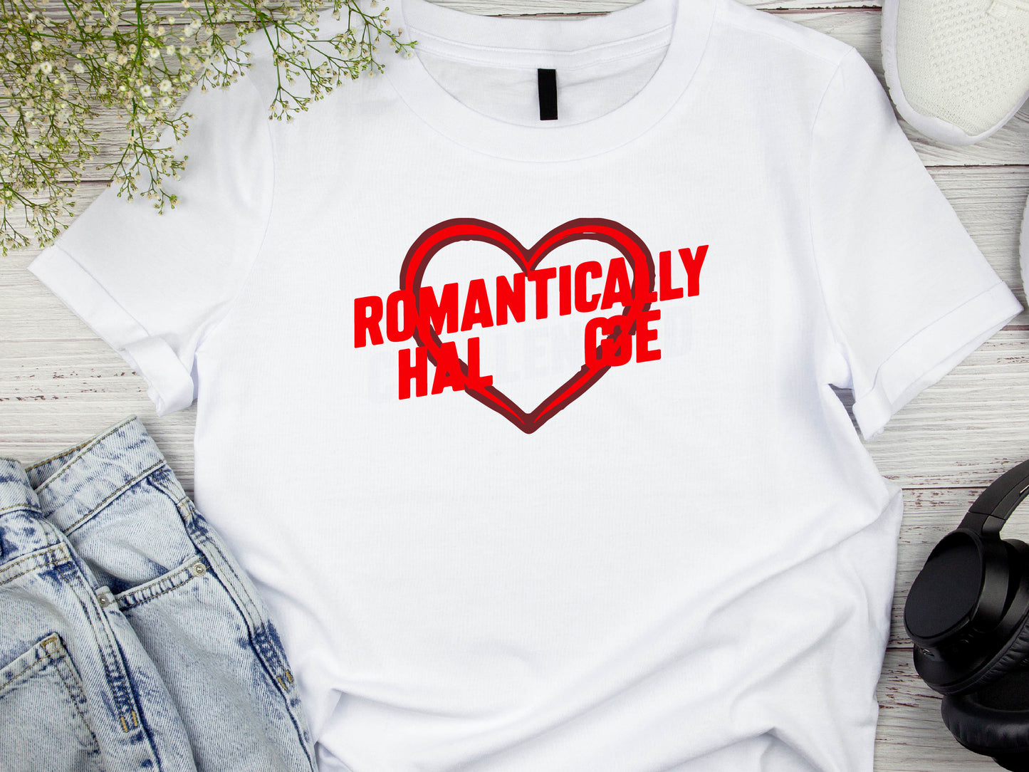 Romantically Challenged T-Shirt – Funny Wedding Shirt – Red Heart Tee – Anti-Romance Shirt – Bachelorette Party Humor Gift