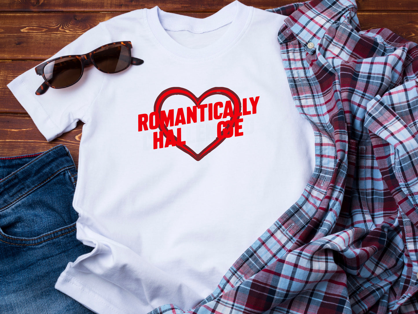 Romantically Challenged T-Shirt – Funny Wedding Shirt – Red Heart Tee – Anti-Romance Shirt – Bachelorette Party Humor Gift