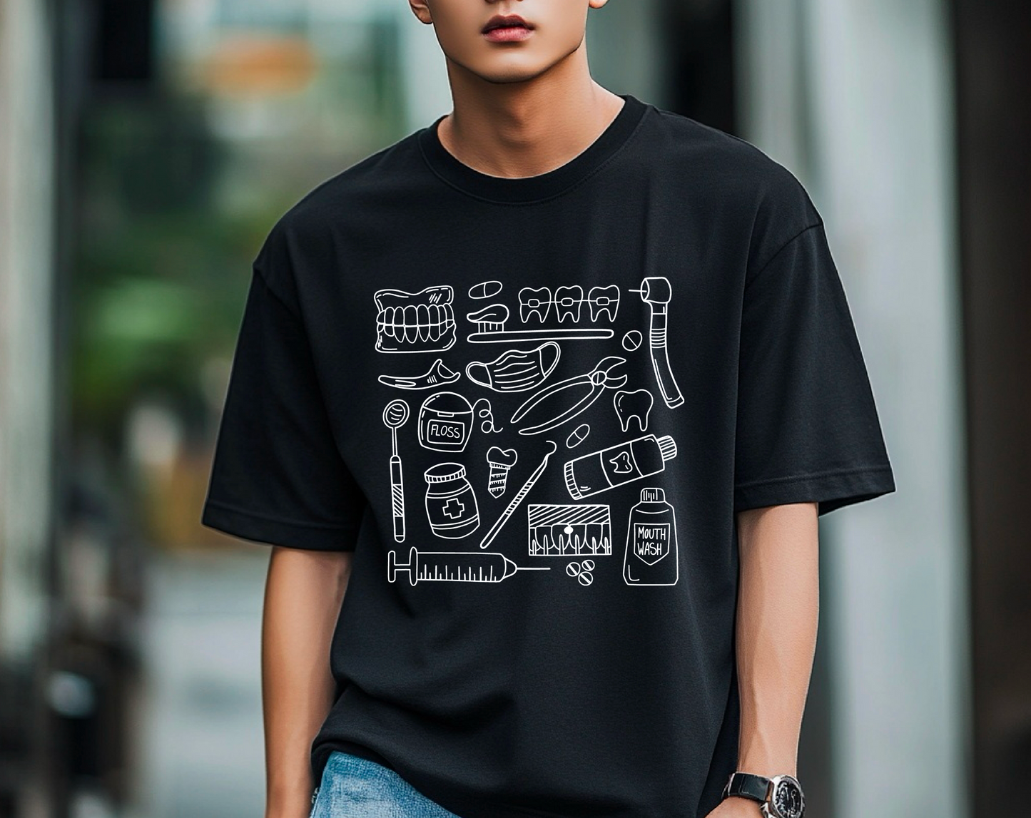 Farbenfrohes T-Shirt mit medizinischem Doodle-Print – stylische und lustige Kleidung zum Thema Gesundheit