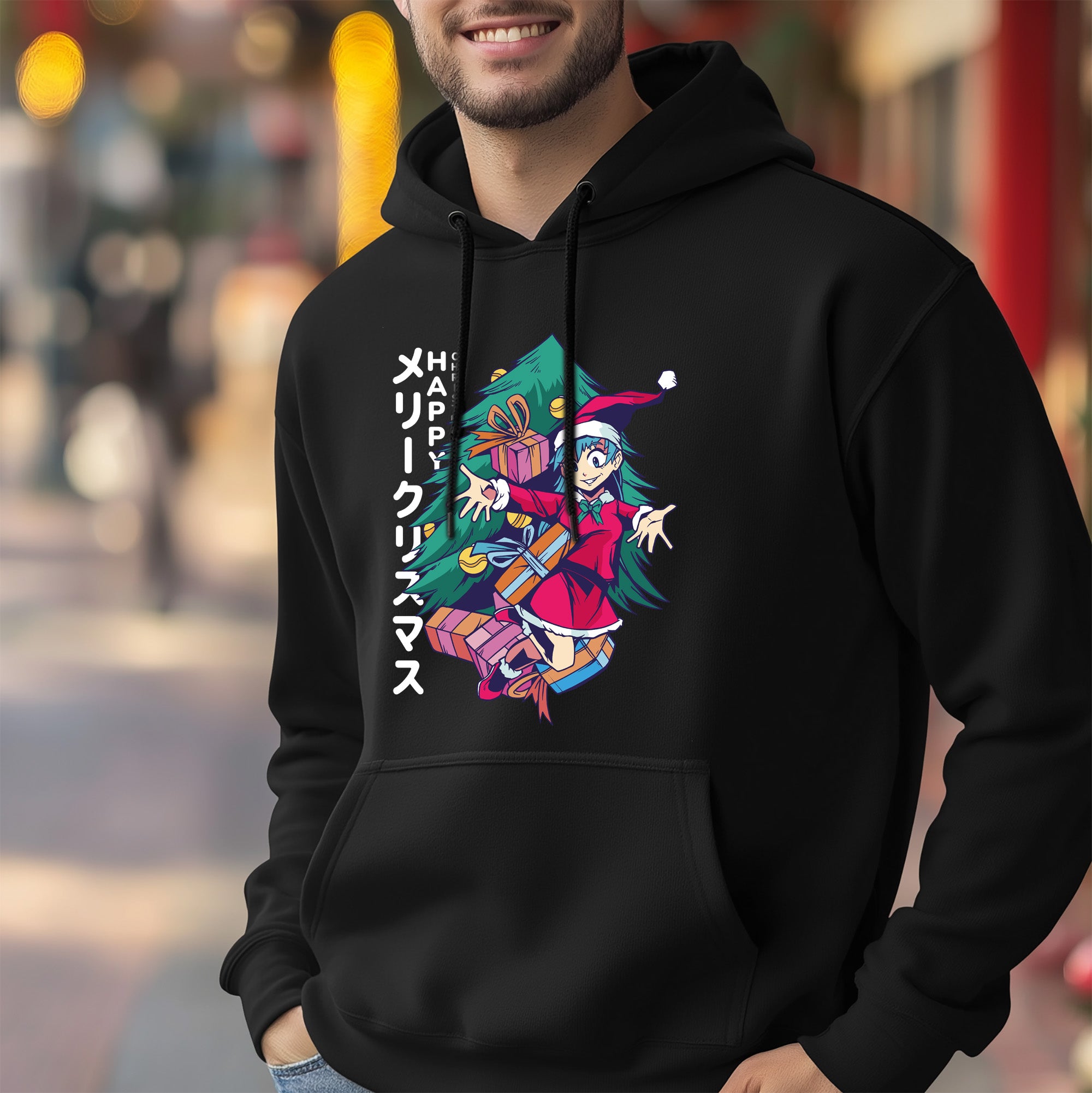 Schwarzer Herren-Kapuzenpullover mit Anime-Mädchen-Motiv und Weihnachtsmann-Motiv – Festliche Weihnachtskleidung