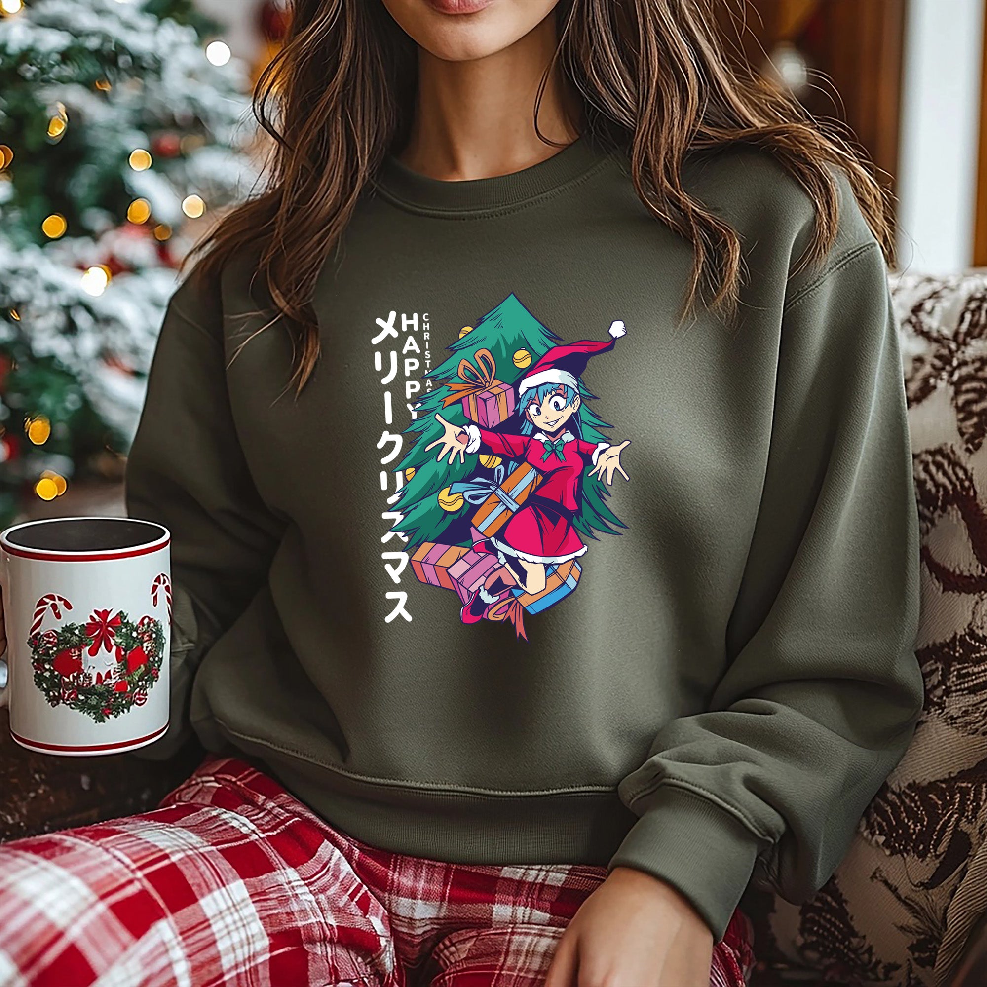Anime-Mädchen mit Weihnachtsmann-Motiv – festliches Weihnachts-Sweatshirt-Design