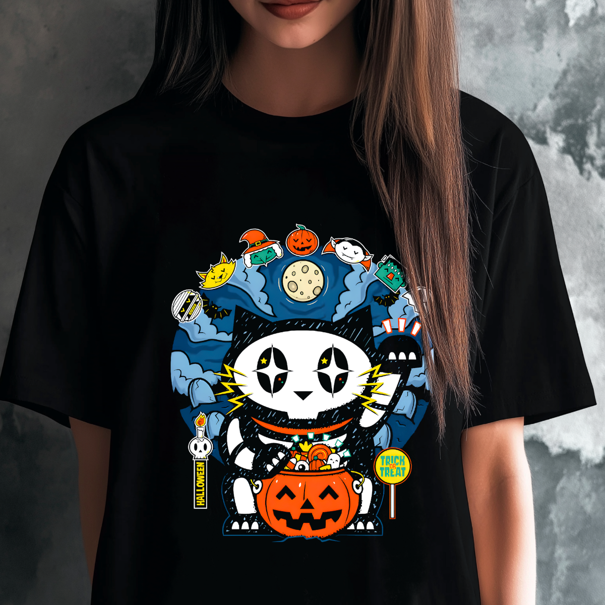Halloween Lucky Cat Graphic Organic Cotton T-Shirt
