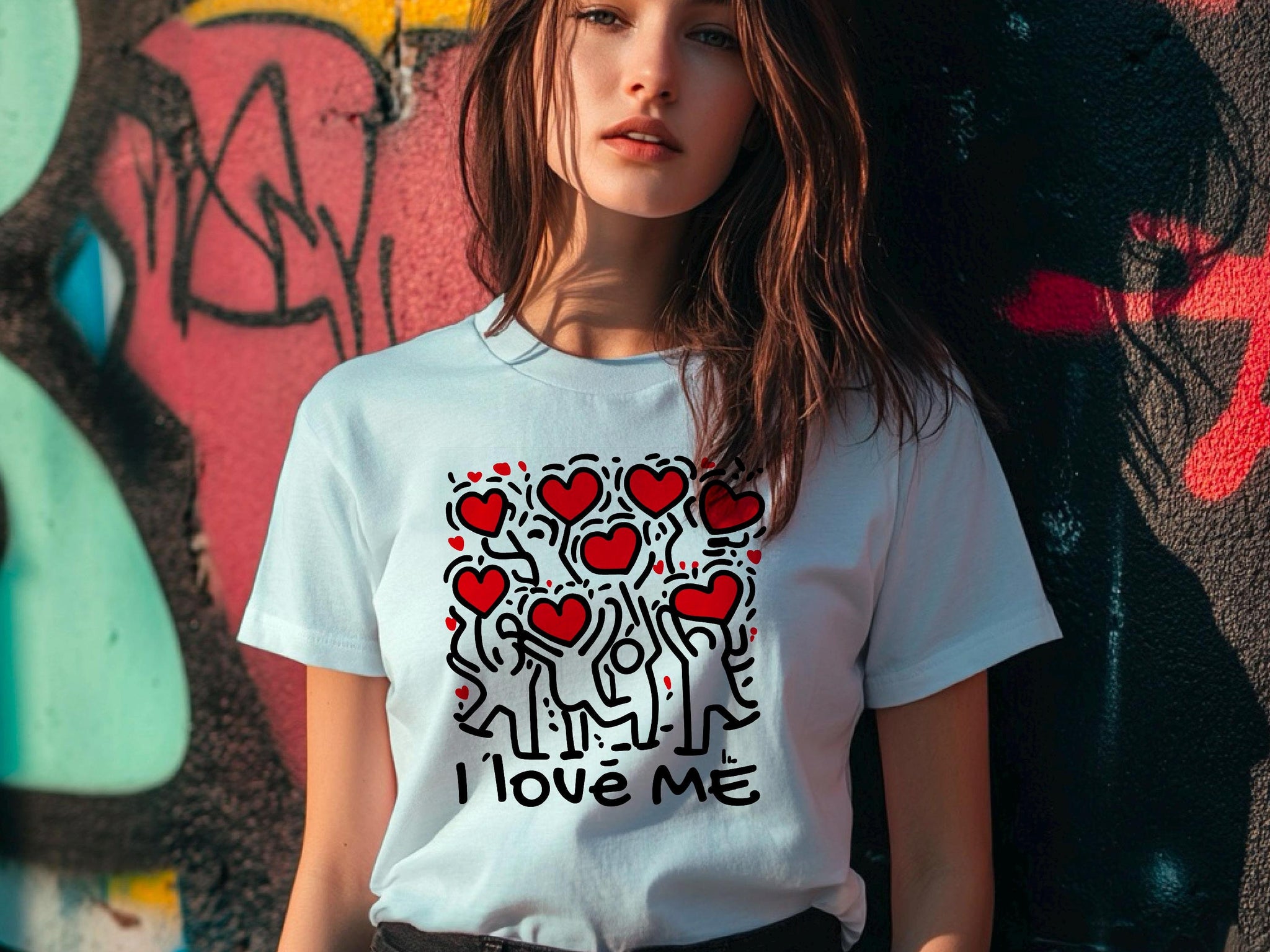 Keith Haring Clothing I Love Me | Colorful Keith Haring Print T-Shirt, Heart Art, Valentine T-Shirt, Unisex Fashion, Casual Style
