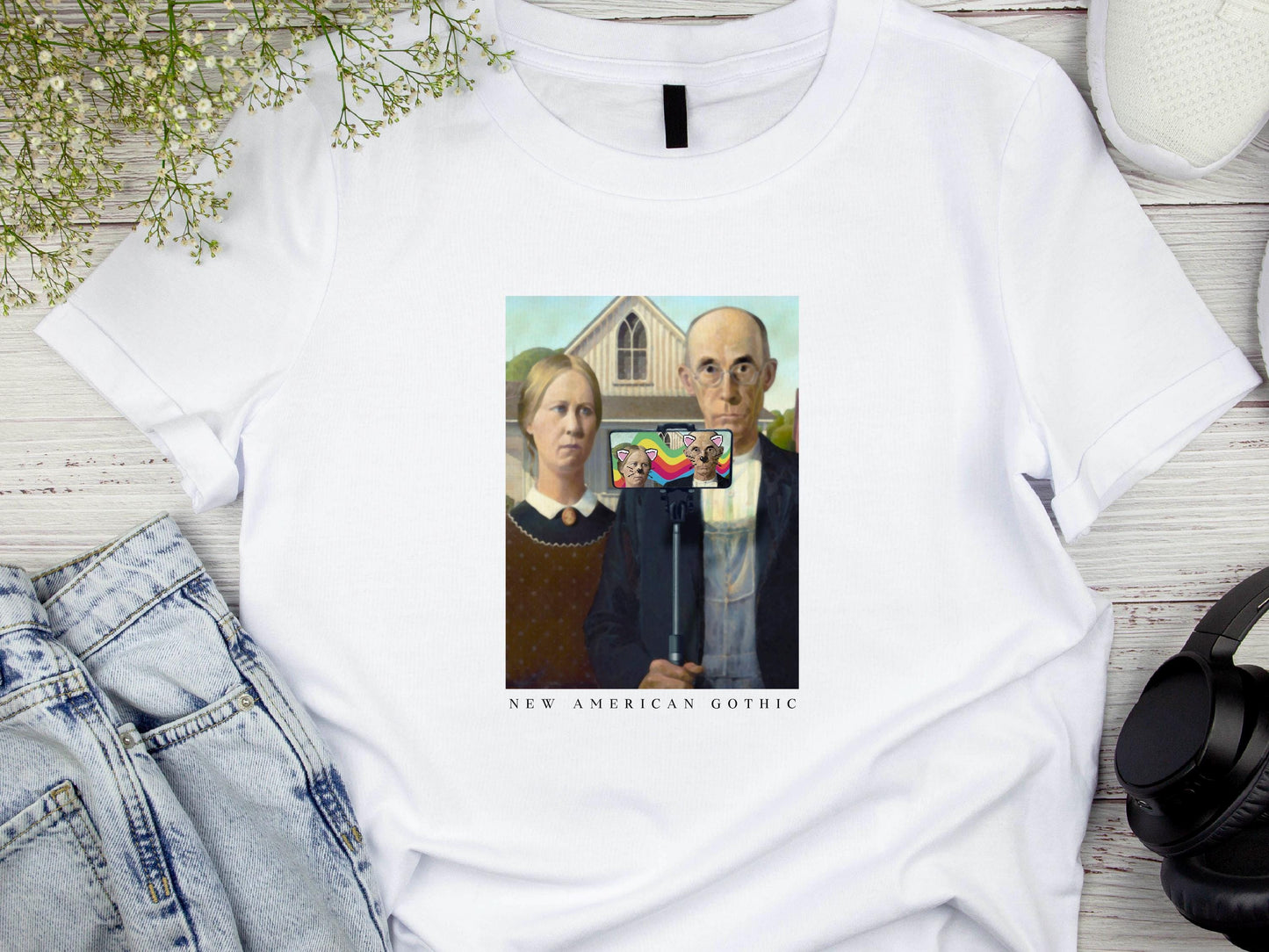 American Gothic Graphic Tee – Retro Horror Twist | Grant Wood Art Lover Gift | Gothic Shirt for Goth & Painting Fans