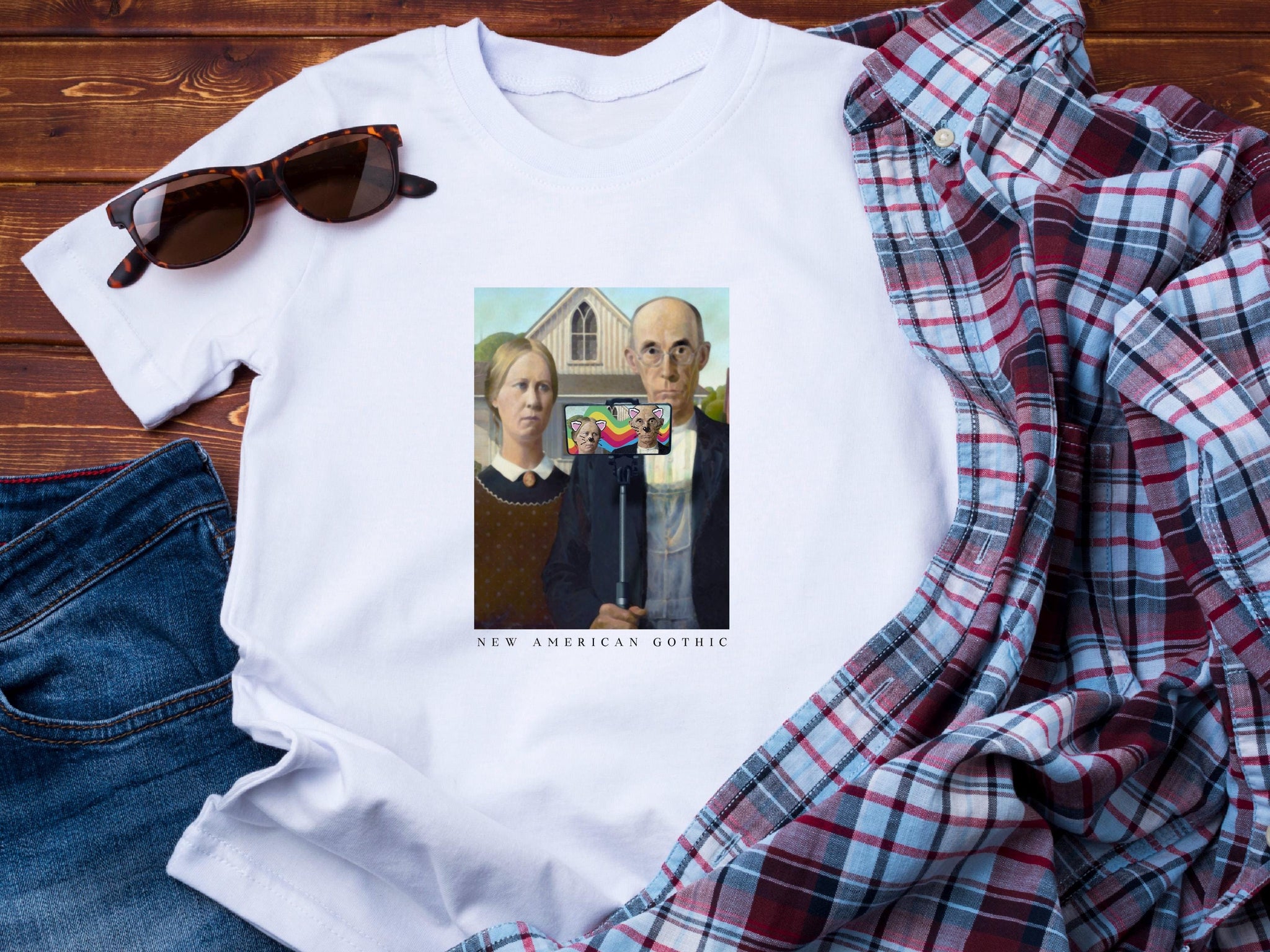 American Gothic Graphic Tee – Retro Horror Twist | Grant Wood Art Lover Gift | Gothic Shirt for Goth & Painting Fans