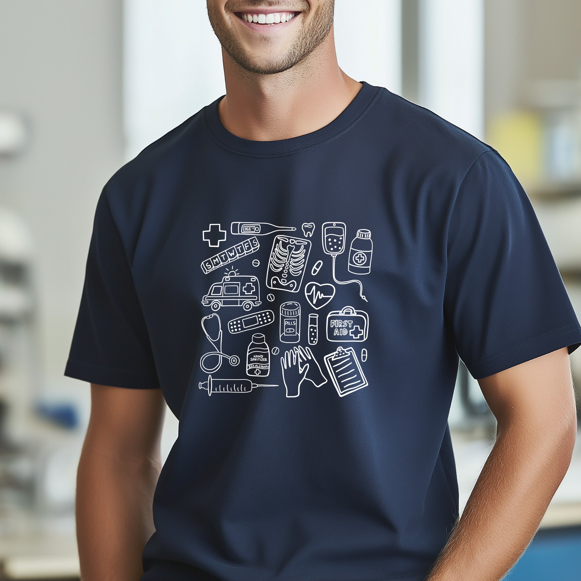 Farbenfrohes T-Shirt mit medizinischem Doodle-Print – stylische und lustige Kleidung zum Thema Gesundheit
