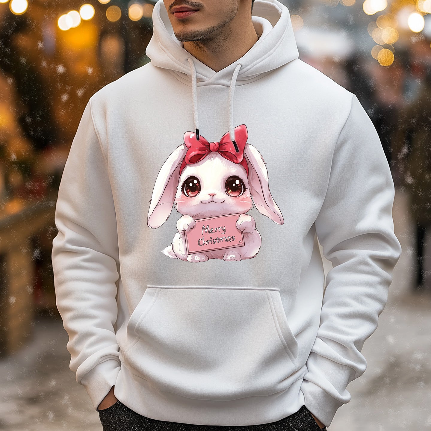 Weißer Weihnachts-Kapuzenpullover für Damen mit Hasen-Motiv „Merry Christmas“