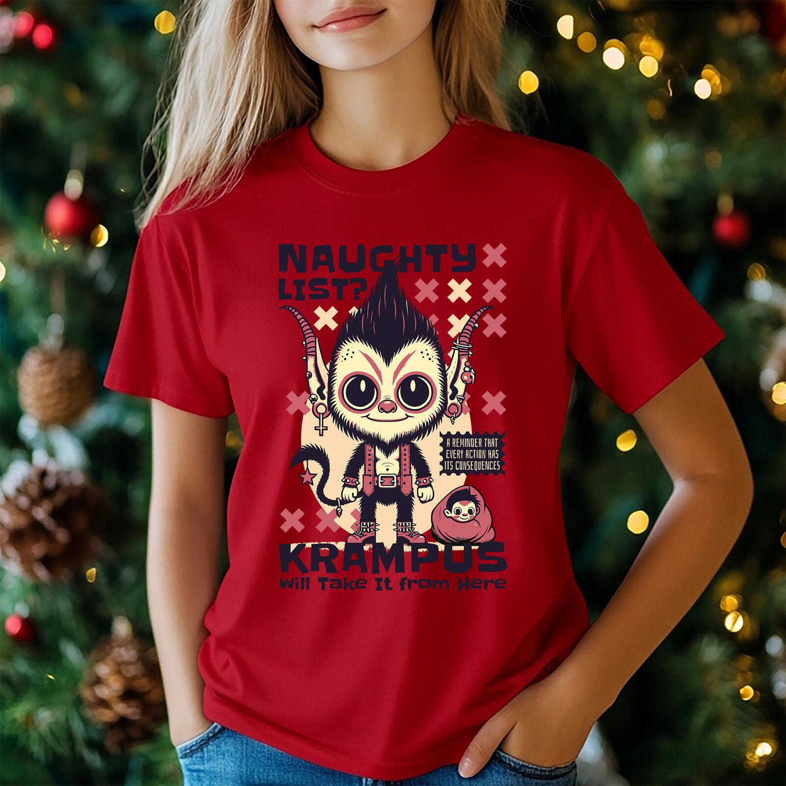 Krampus Themed Christmas T-Shirt - White & Green Graphic Holiday Outerwear