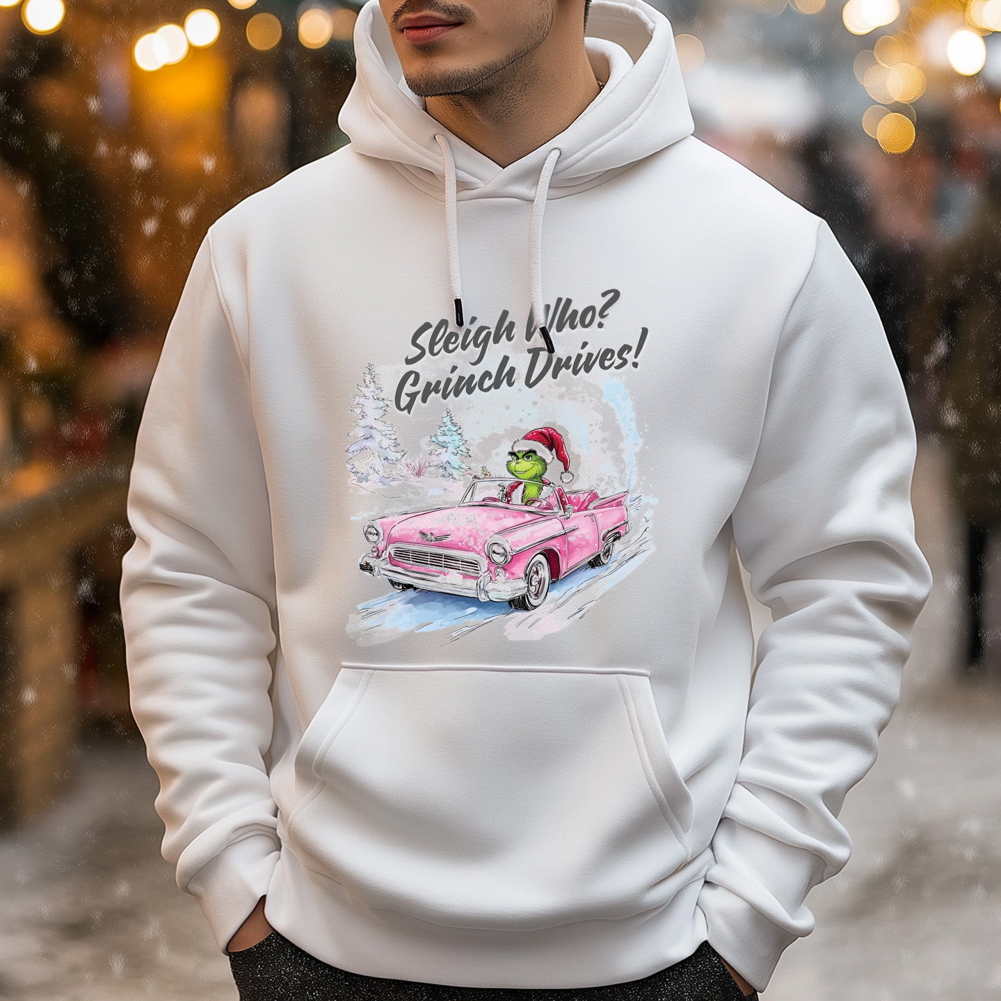 Weißer Weihnachts-Kapuzenpullover für Männer mit „Grinch fährt Schlitten“-Design