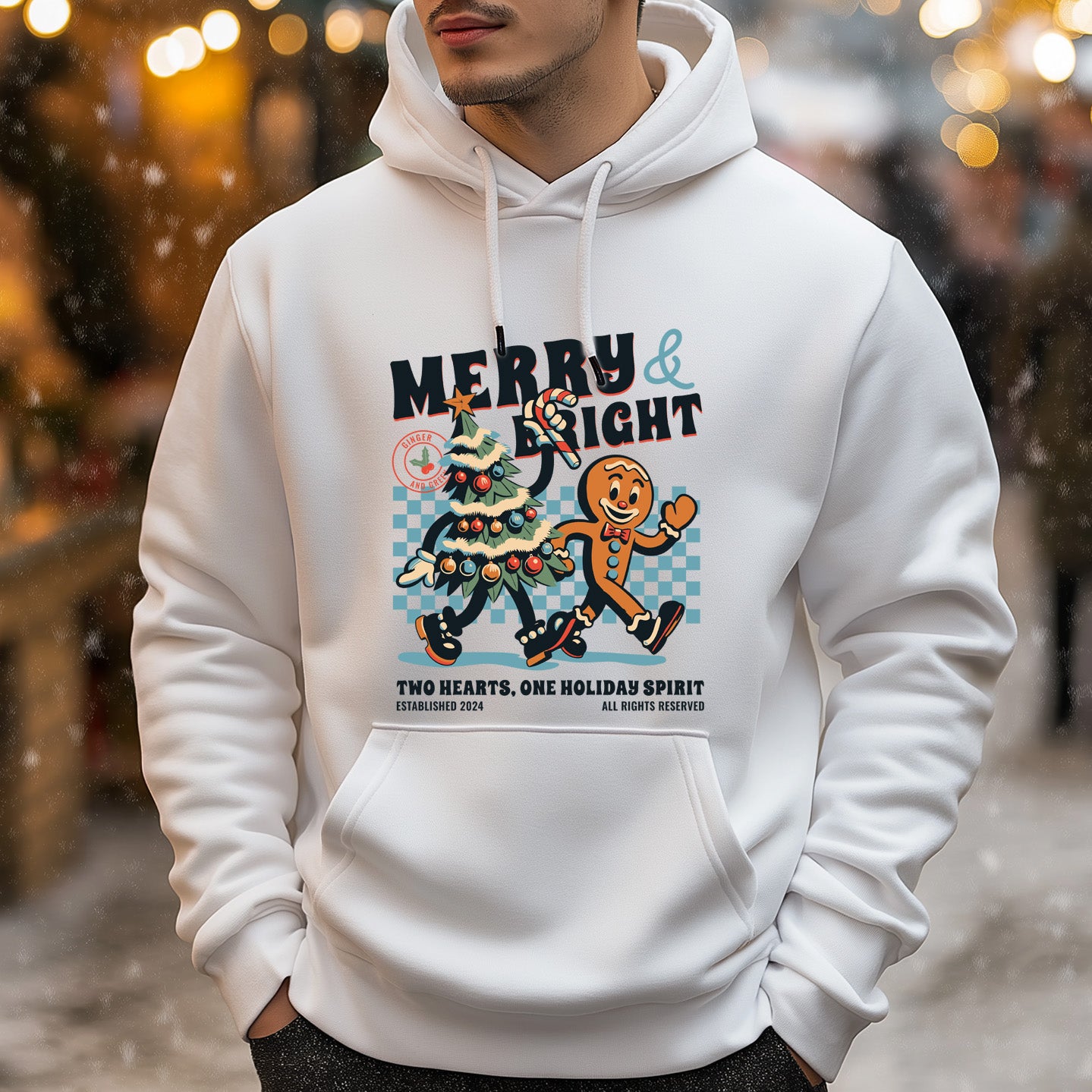 Merry and Bright Weißer Weihnachts-Kapuzenpullover für Herren