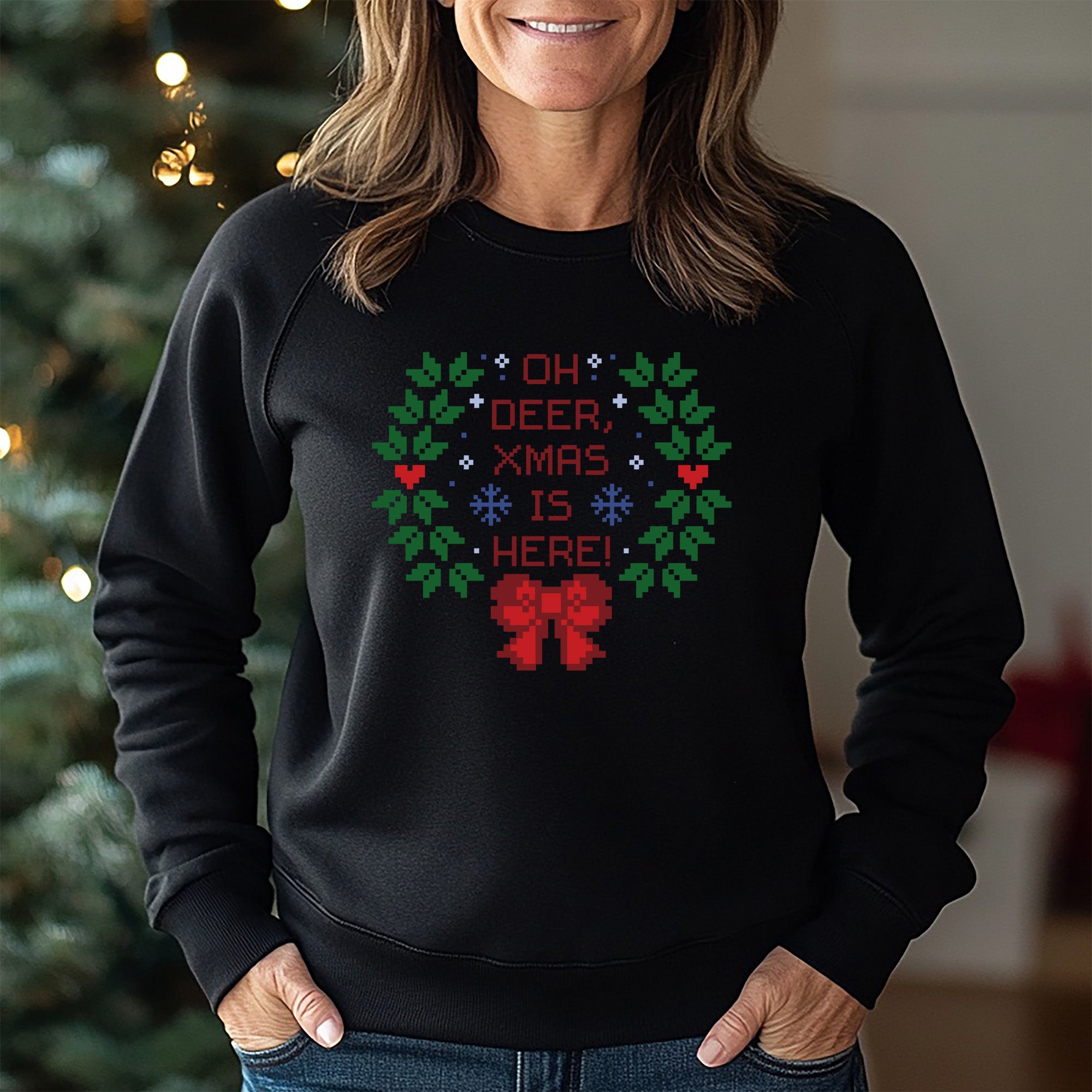 Oh Deer Schwarzes Weihnachts-Sweatshirt - Trendy Urlaubsbekleidung