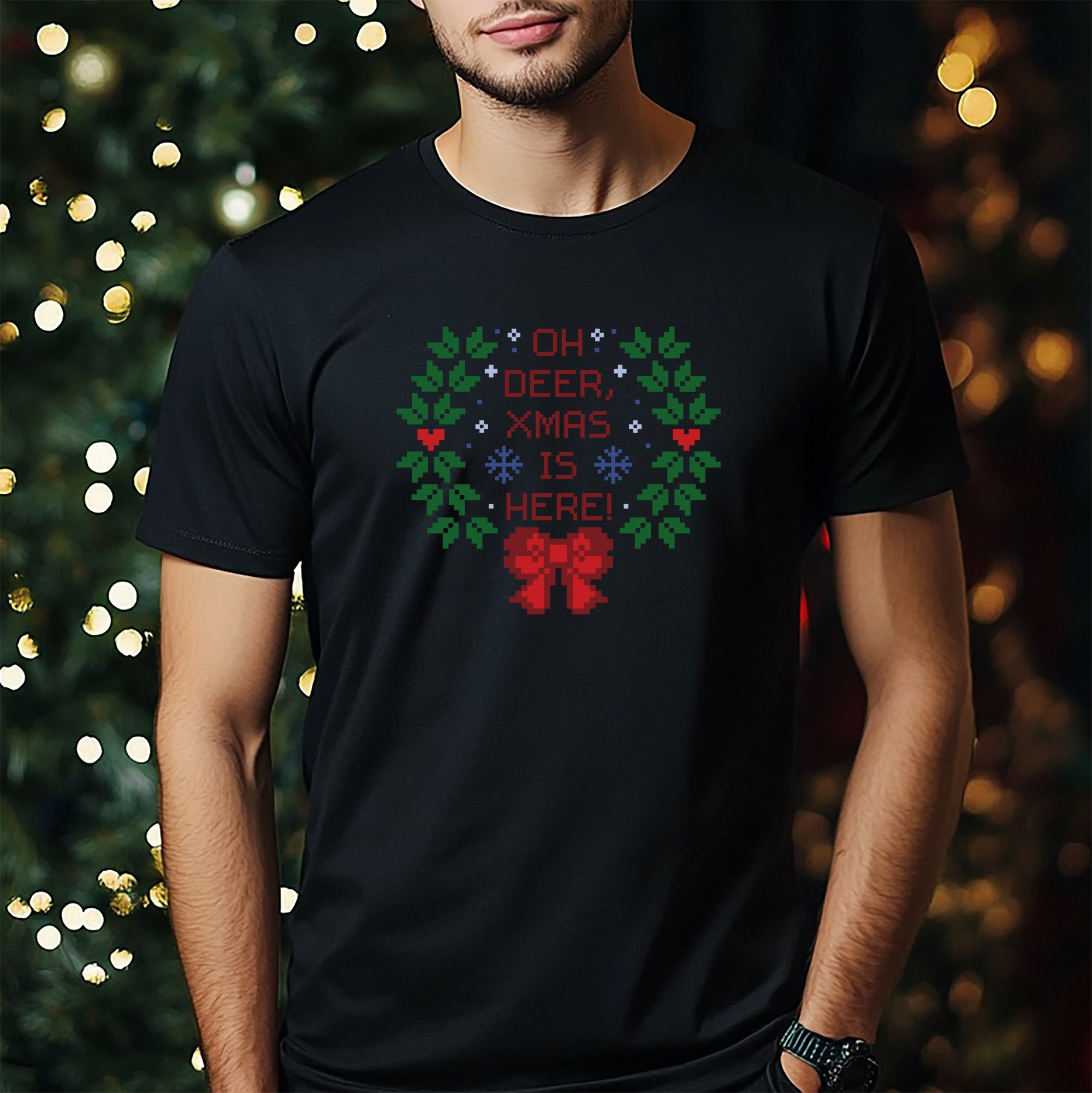Men's OH DEER XMAS HERE Holiday T-Shirt - Festive Muscle Fit Top