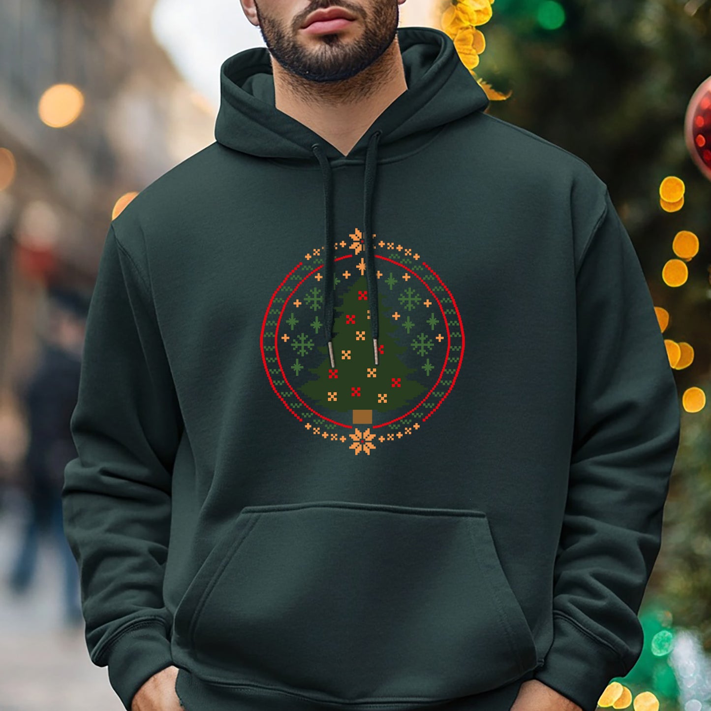 Dark Green Christmas Hoodie with Trendy Tree Circle Design