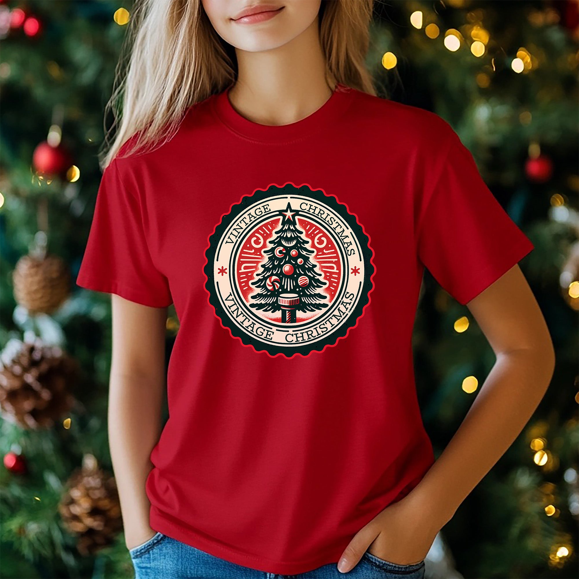 Vintage Christmas Tree T-Shirt - White & Green Holiday Jeans Jacket