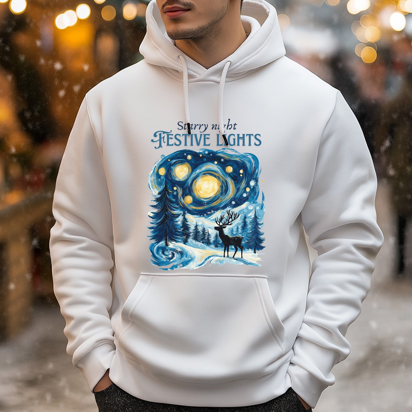 Weißer Kapuzenpullover „Sternennacht“ von Van Gogh – Weihnachtsedition